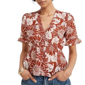 Madewell “Silk Journal Keyhole Sleeve Top” in Sunflower Season (size 6)